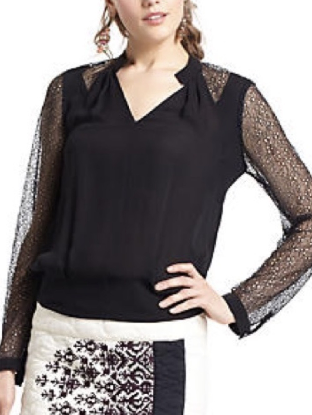 Leifsdottir Black Lace Sleeve Blouse Size Small | Sheer Crochet Sleeve Detail |